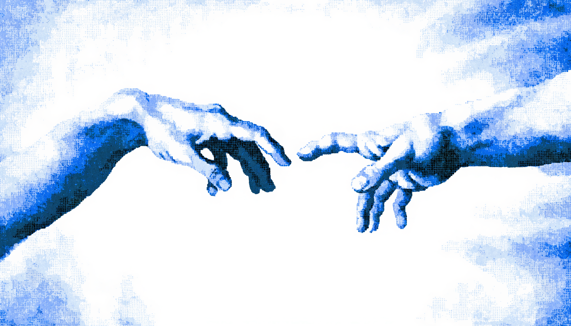 Two hands reaching across a gap, dithered blue